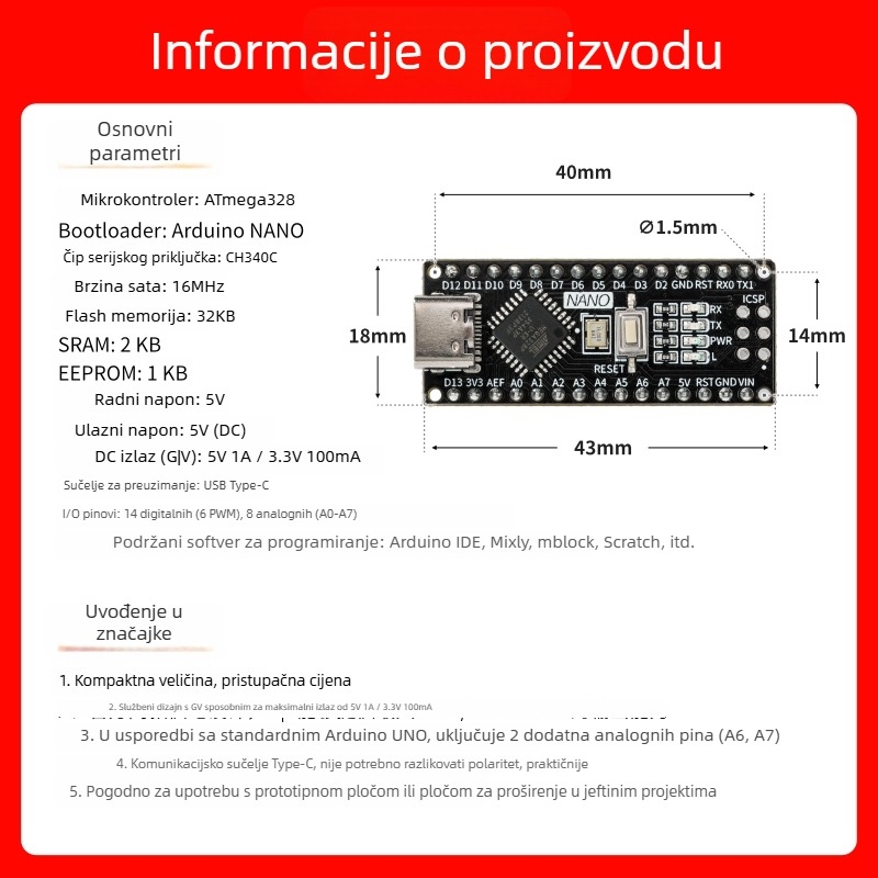 Kompatibilno s Arduino Nano razvojnom pločom, poboljšana verzija ATmega328P mikrokontrolera, ploča za početničko programiranje