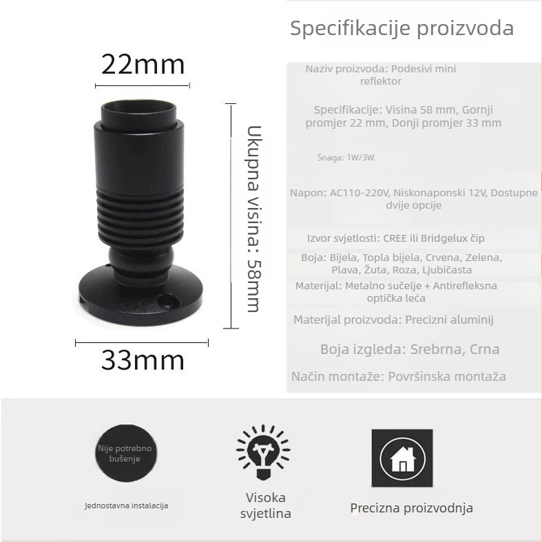 Bohao Lighting površinski montirani mini LED reflektor s podesivim zumom, za vitrine i ormare za nakit