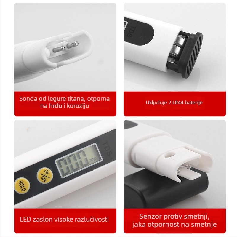 Kućni TDS tester za vodu – prijenosni mjerni alat kvalitete vode (0–9990 ppm, 3V)