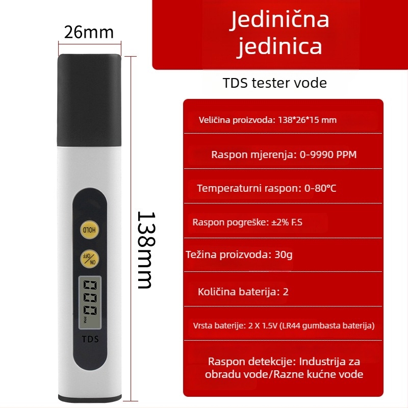 Kućni TDS tester za vodu – prijenosni mjerni alat kvalitete vode (0–9990 ppm, 3V)