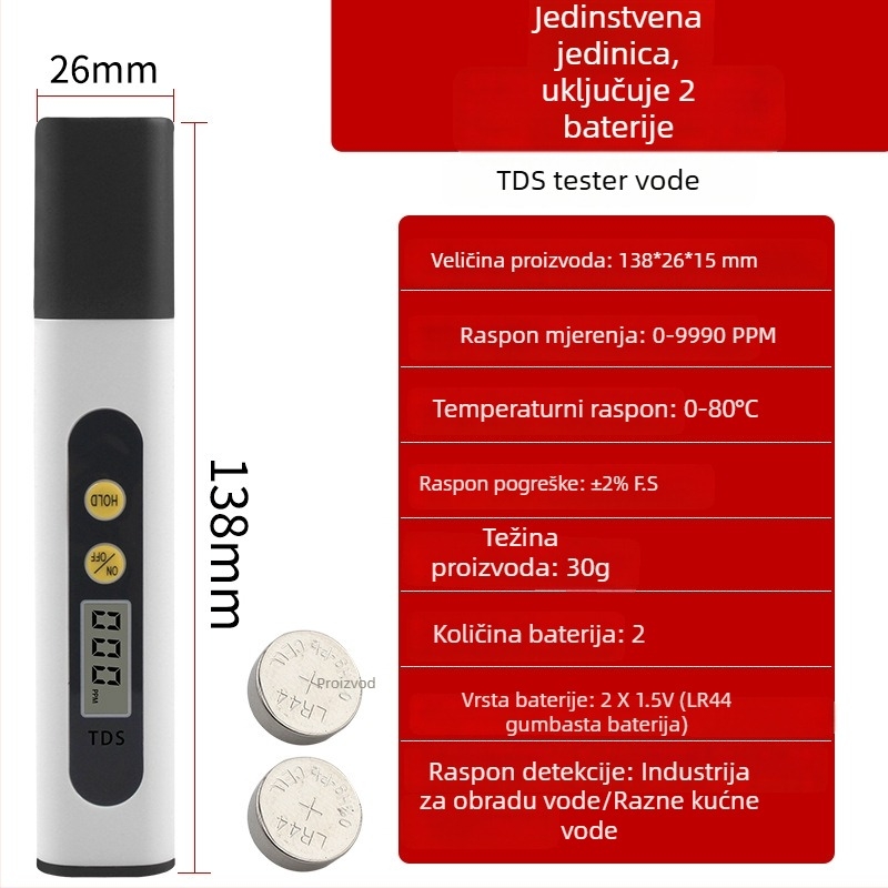 Kućni TDS tester za vodu – prijenosni mjerni alat kvalitete vode (0–9990 ppm, 3V)