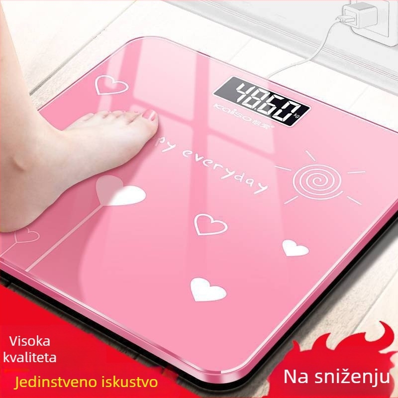 Elektronička vaga s baterijom, kućna kompaktna slatka vaga u obliku srca za odrasle, precizno mjerenje tjelesne težine i sastava tijela (masnoća, kalorije, vlaga), mini