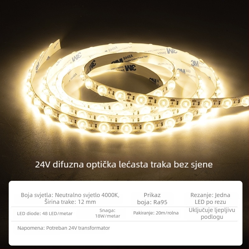 LED linearna svjetlosna traka s difuznom refleksijom i lećom, 24V, samoljepljiva, za stropne kutije s lećama