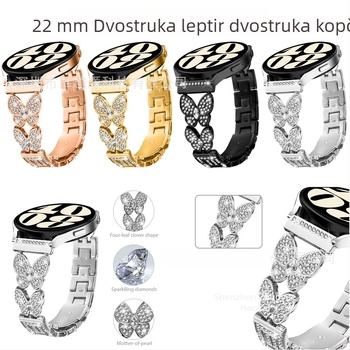 22 mm metalna narukvica za pametni sat, kompatibilna sa Samsungom i Huaweijem, leptir stil s kristalnim umetkom i dvostrukom kopčom