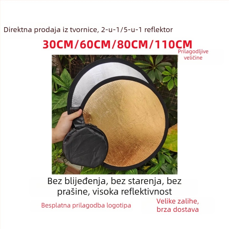 Pet u jednom sklopivi reflektor za fotografiju, dimenzije 60/80/110 cm, boje zlatna, srebrna, bijela, crna, mekano svjetlo.