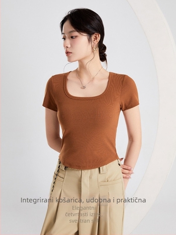 Ženski T‑shirt za proljeće-ljeto s ugrađenim umetcima za poprsje, uski kroj, udoban svakodnevni top.