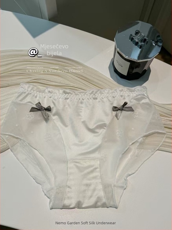 Nova ženska satenska čipkasta gaćica s produženim preponama, antibakterijska postava, kontrastna mašna, seksi srednje visoke trokutaste gaćice