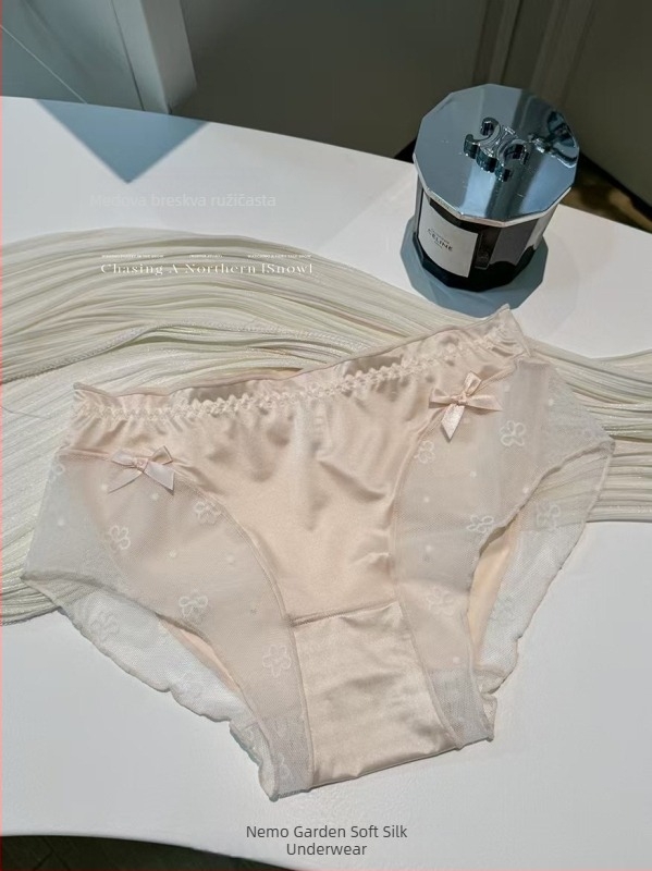Nova ženska satenska čipkasta gaćica s produženim preponama, antibakterijska postava, kontrastna mašna, seksi srednje visoke trokutaste gaćice