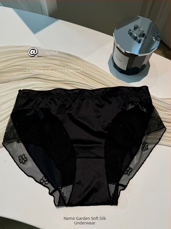 Nova ženska satenska čipkasta gaćica s produženim preponama, antibakterijska postava, kontrastna mašna, seksi srednje visoke trokutaste gaćice