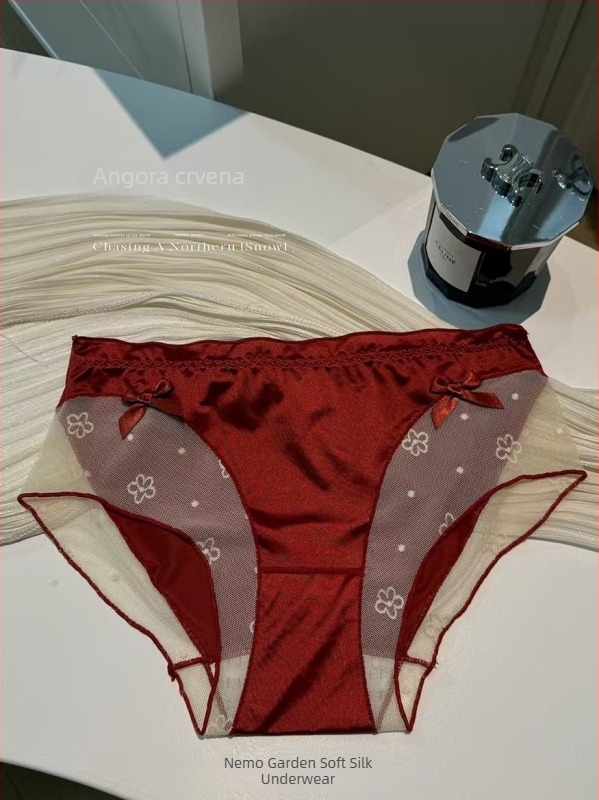 Nova ženska satenska čipkasta gaćica s produženim preponama, antibakterijska postava, kontrastna mašna, seksi srednje visoke trokutaste gaćice