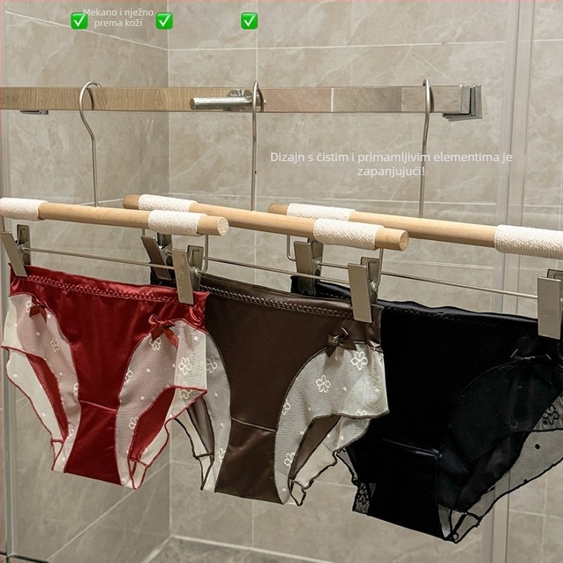 Nova ženska satenska čipkasta gaćica s produženim preponama, antibakterijska postava, kontrastna mašna, seksi srednje visoke trokutaste gaćice