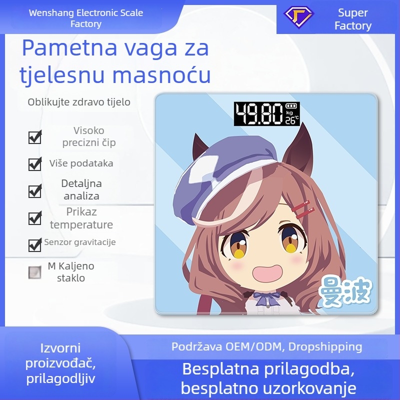 Kompaktna Bluetooth punjiva vaga za mjerenje težine i tjelesne masnoće, mjerenje vlage i kalorija
