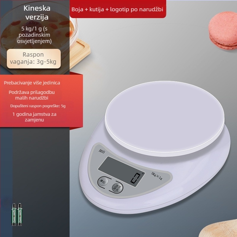 B05 Kuhinjska digitalna vaga, kapacitet 5 kg, preciznost 1 g – kompaktna vaga za mjerenje grama za pečenje