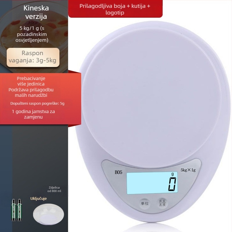 B05 Kuhinjska digitalna vaga, kapacitet 5 kg, preciznost 1 g – kompaktna vaga za mjerenje grama za pečenje
