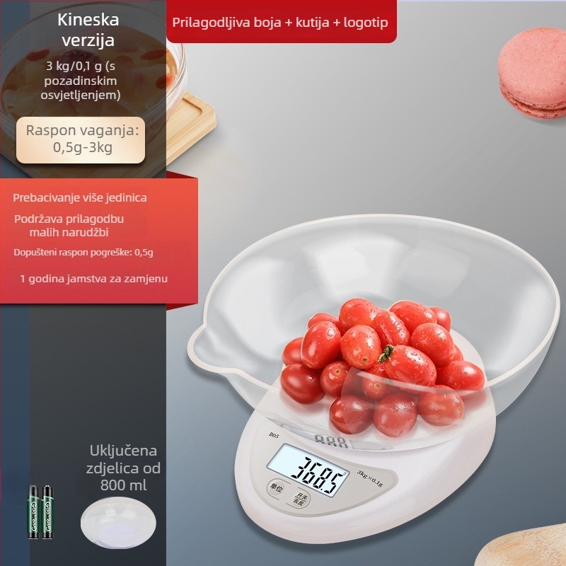 B05 Kuhinjska digitalna vaga, kapacitet 5 kg, preciznost 1 g – kompaktna vaga za mjerenje grama za pečenje