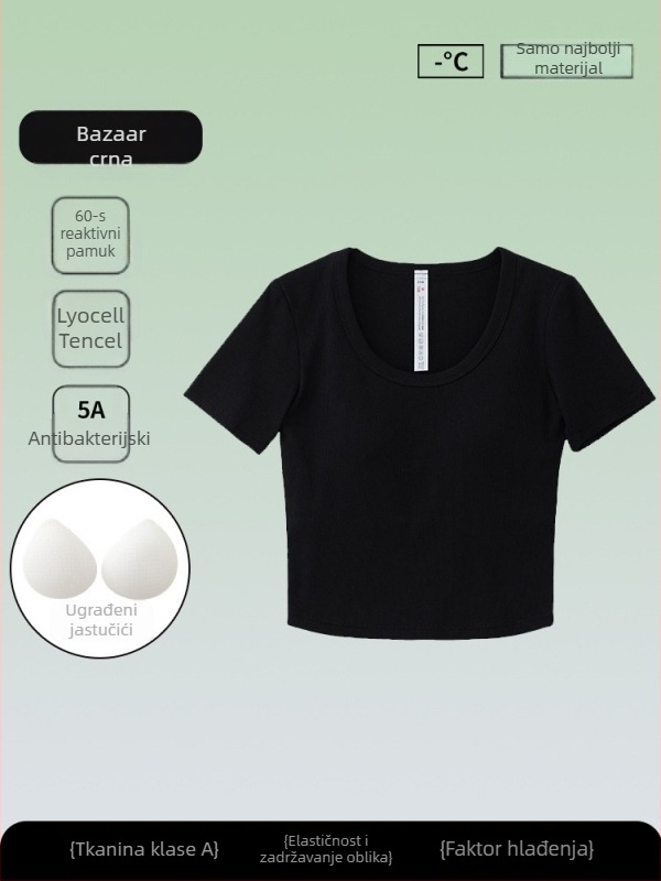 Ženski antibakterijski kratkih rukava T-shirt, mješavina Tencel-pamuk, jednofbojni, okrugli izrez, uski kroj, ljetni top