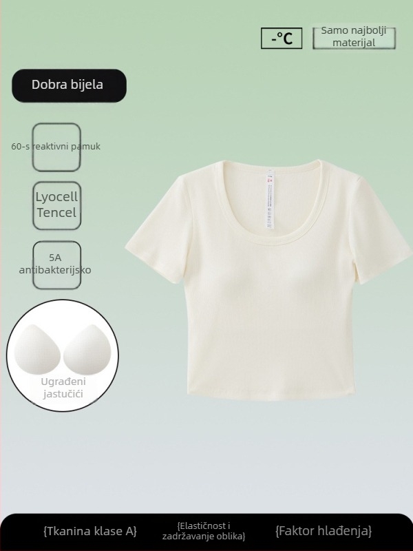 Ženski antibakterijski kratkih rukava T-shirt, mješavina Tencel-pamuk, jednofbojni, okrugli izrez, uski kroj, ljetni top