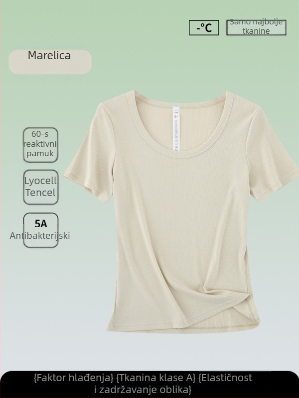 Ženski antibakterijski kratkih rukava T-shirt, mješavina Tencel-pamuk, jednofbojni, okrugli izrez, uski kroj, ljetni top