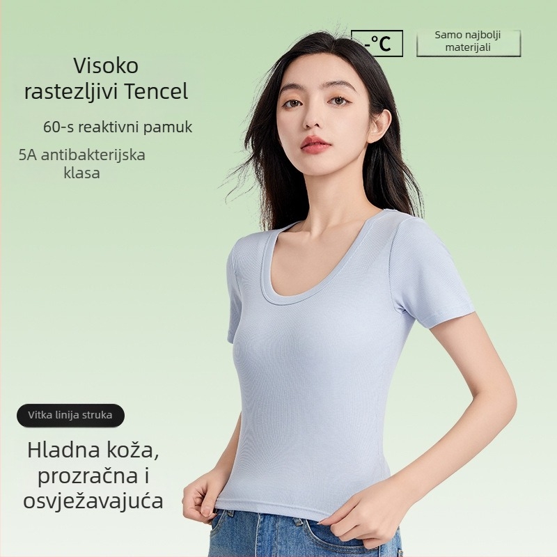 Ženski antibakterijski kratkih rukava T-shirt, mješavina Tencel-pamuk, jednofbojni, okrugli izrez, uski kroj, ljetni top
