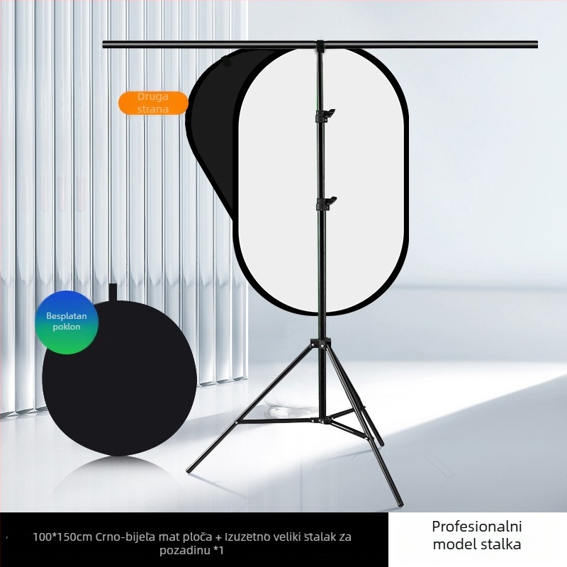 Dvostranični sklopivi pozadinski panel sa zelenom tkaninom za portret fotografiju i snimanje videa; jedna strana zelena, druga plava; veličina 50 cm, proširivo na 100×150 cm; materijal: poliester-pamučna mješavina.