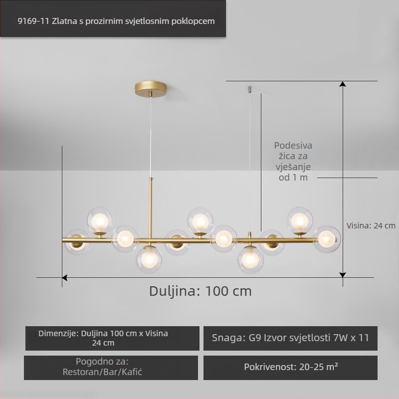 Dizajnerski luster za restoran, postmoderni minimalistički, dugački stakleni luster u nordijskom stilu