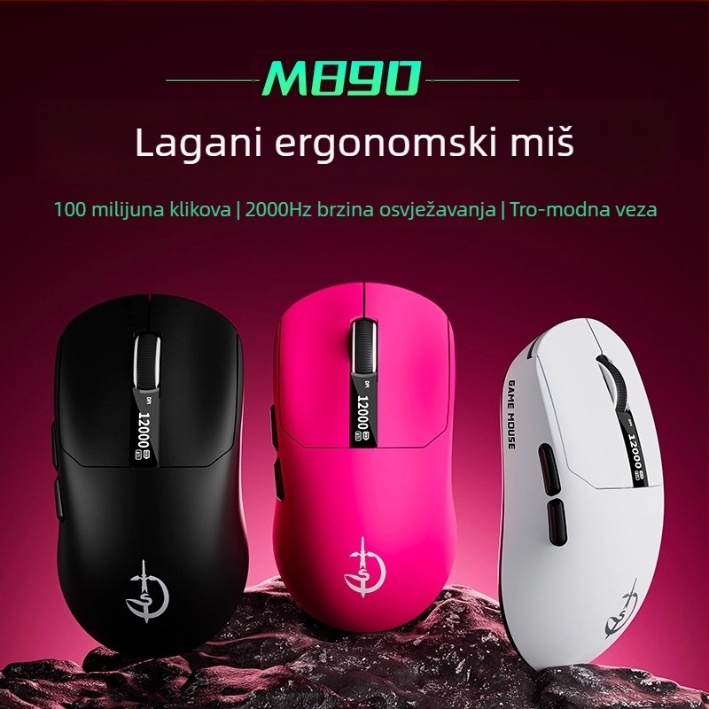 M890 lagani bežični gaming miš s tri načina, Bluetooth, punjiva, zaslon i makro za e-sport