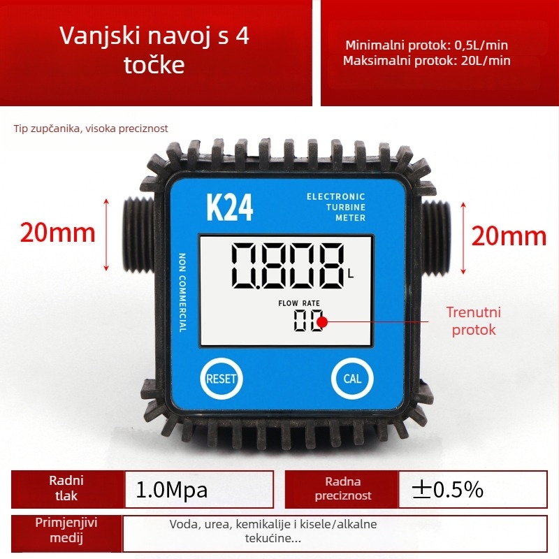 K24 mikro tokomjer za dizel, benzin, metanol i vodu, s elektroničkim vodomjerom i digitalnim zaslonom