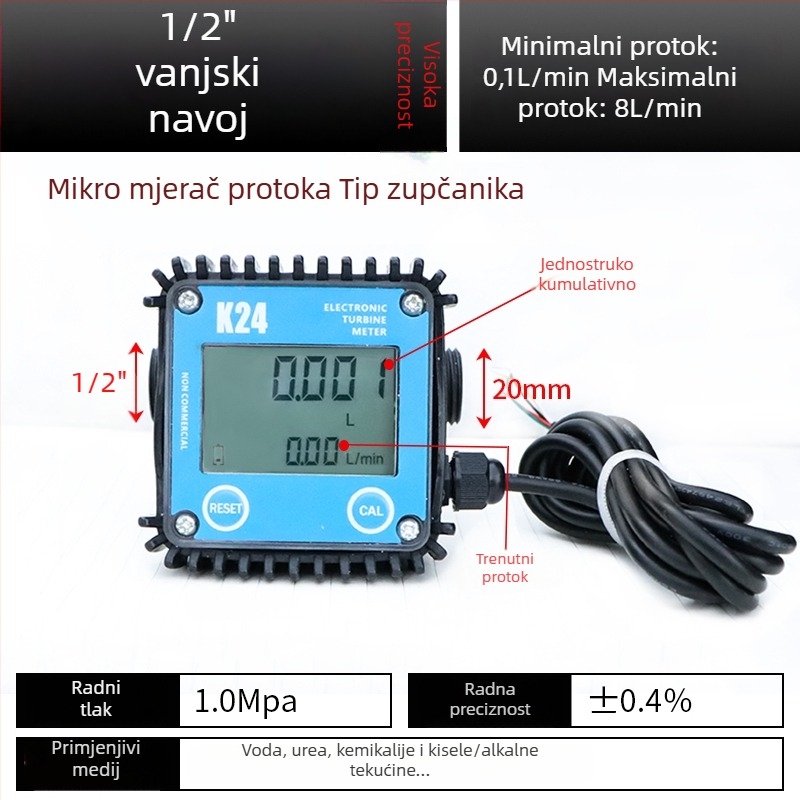K24 mikro tokomjer za dizel, benzin, metanol i vodu, s elektroničkim vodomjerom i digitalnim zaslonom