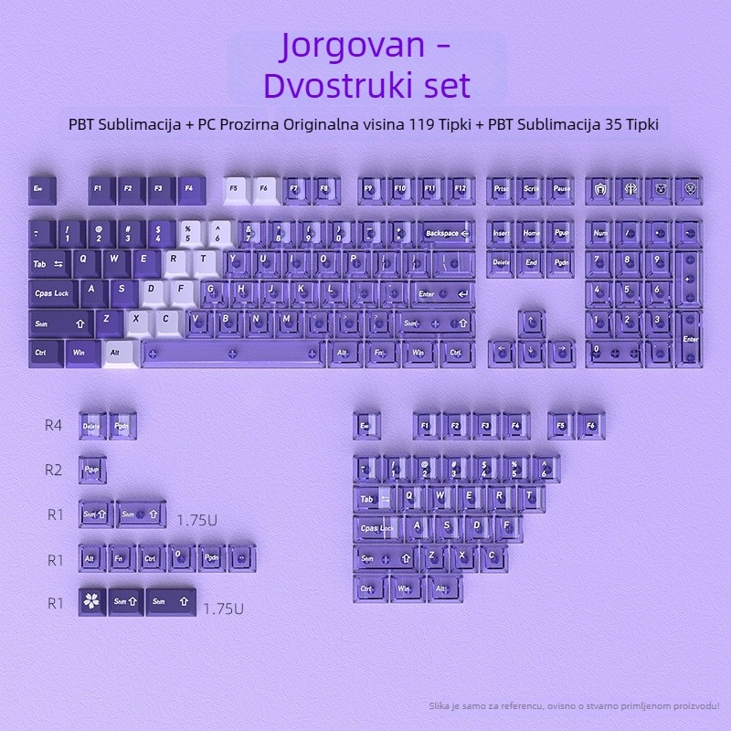 Ljilac set kapica tipkovnice (mali puni set) PC+PBT dvobojne kapice tipkovnice - Izvorna visina 154 tipki