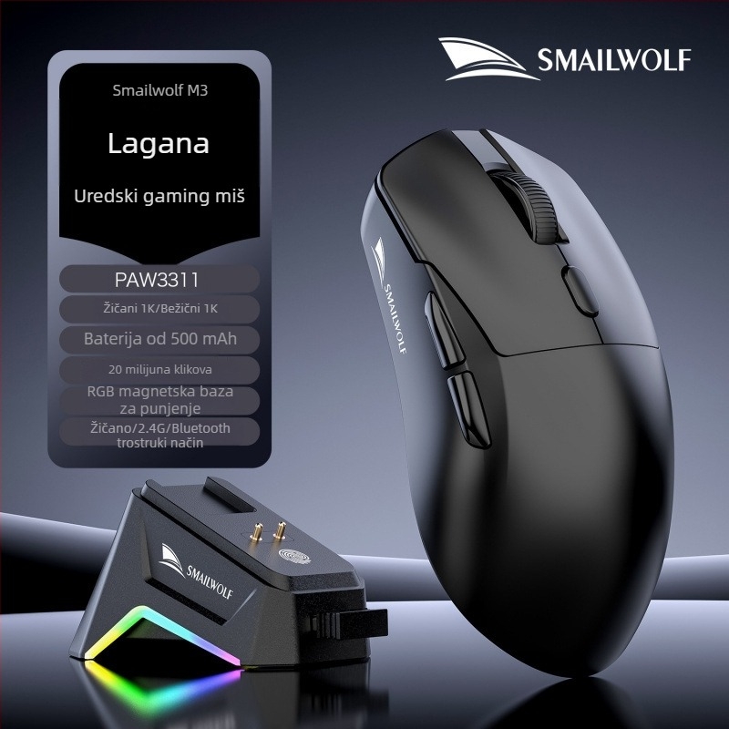 Smail Wolf M3 bežična gamerska miš s tri načina, punjiva docking stanica za stolna računala i prijenosna računala