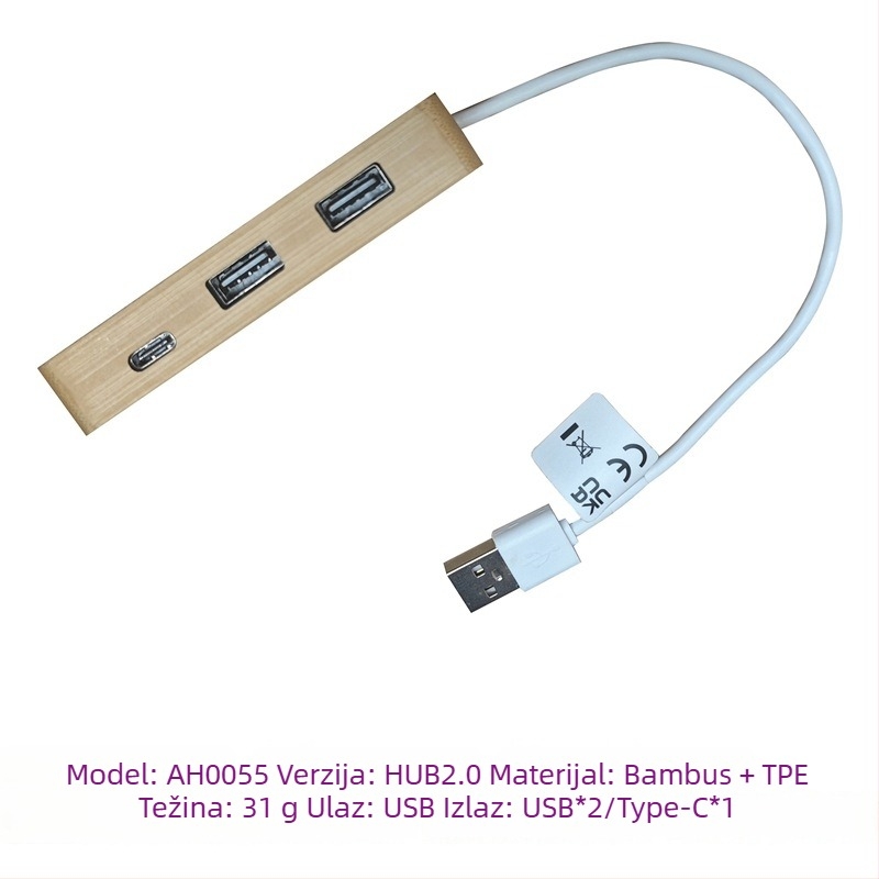 Type-C docking stanica od bambusa - USB hub s 4 portova, ulaz 1, izlaz 4
