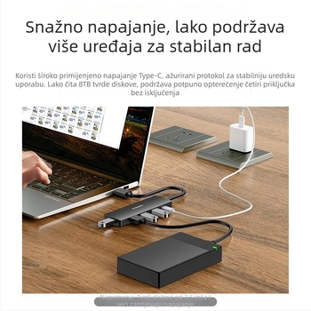 Pisen USB 3.0 4-portni napajani hub za prijenosno računalo, adapter za USB flash i HDD