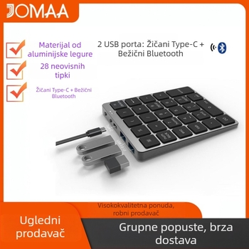 Numerička tipkovnica od aluminijske legure s 28 tipki, dvostruki način bežične i žično povezivanje, HUB za punjenje, uređaj za unos financijskih lozinki
