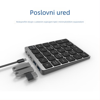 Numerička tipkovnica od aluminijske legure s 28 tipki, dvostruki način bežične i žično povezivanje, HUB za punjenje, uređaj za unos financijskih lozinki