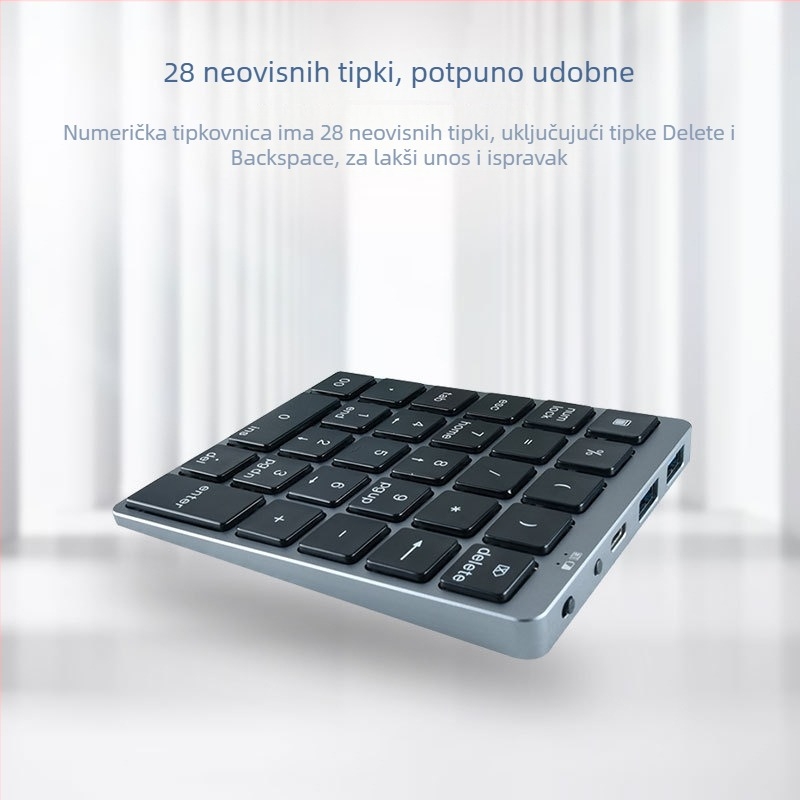 Numerička tipkovnica od aluminijske legure s 28 tipki, dvostruki način bežične i žično povezivanje, HUB za punjenje, uređaj za unos financijskih lozinki