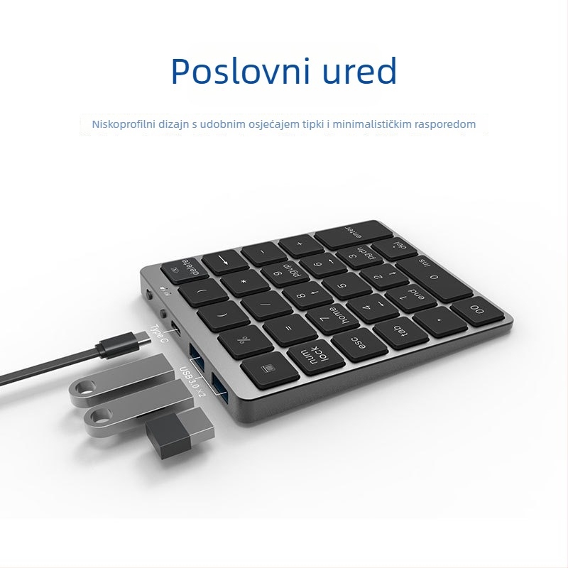 Numerička tipkovnica od aluminijske legure s 28 tipki, dvostruki način bežične i žično povezivanje, HUB za punjenje, uređaj za unos financijskih lozinki