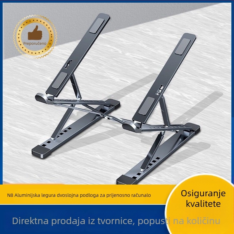 N8 aluminijska podloga za prijenosno računalo s dvostrukim držačem, sklopiva, podesiva visina, prenosna baza za odvod topline
