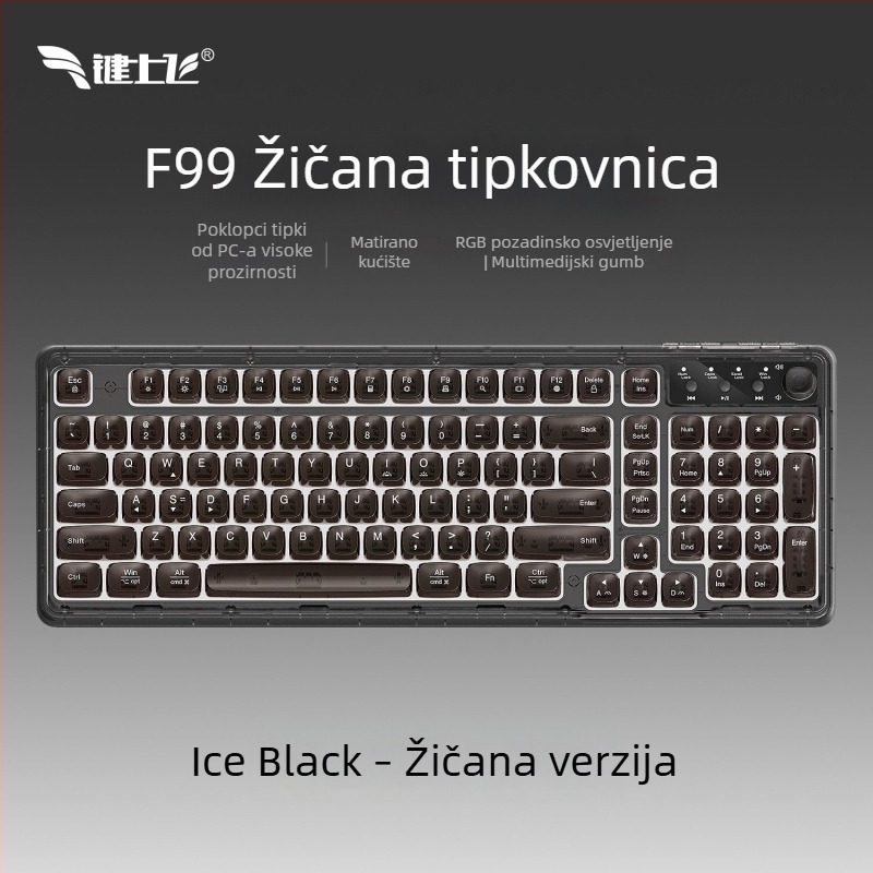 Bežična Bluetooth tipkovnica s RGB pozadinskim osvjetljenjem, tri načina napajanja, 88–98 tipki, sferične prozirne boje tipki za igranje, ured i tablet