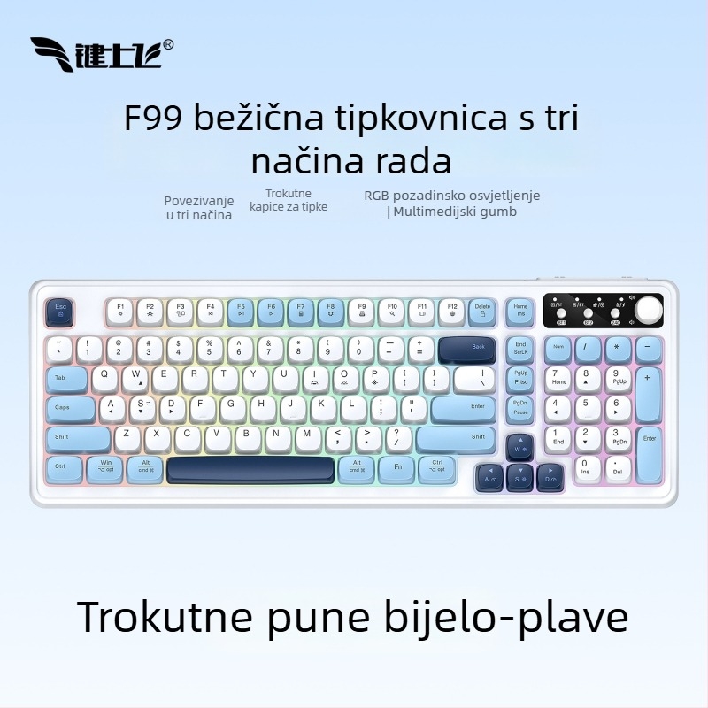 Bežična Bluetooth tipkovnica s RGB pozadinskim osvjetljenjem, tri načina napajanja, 88–98 tipki, sferične prozirne boje tipki za igranje, ured i tablet
