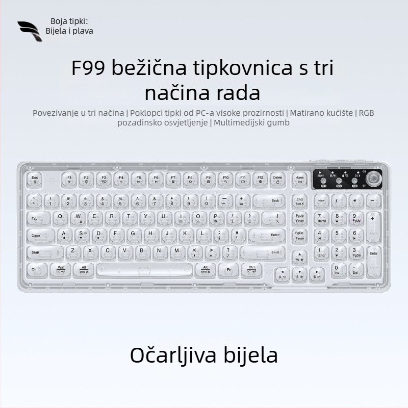 Bežična Bluetooth tipkovnica s RGB pozadinskim osvjetljenjem, tri načina napajanja, 88–98 tipki, sferične prozirne boje tipki za igranje, ured i tablet