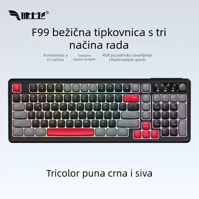 Bežična Bluetooth tipkovnica s RGB pozadinskim osvjetljenjem, tri načina napajanja, 88–98 tipki, sferične prozirne boje tipki za igranje, ured i tablet