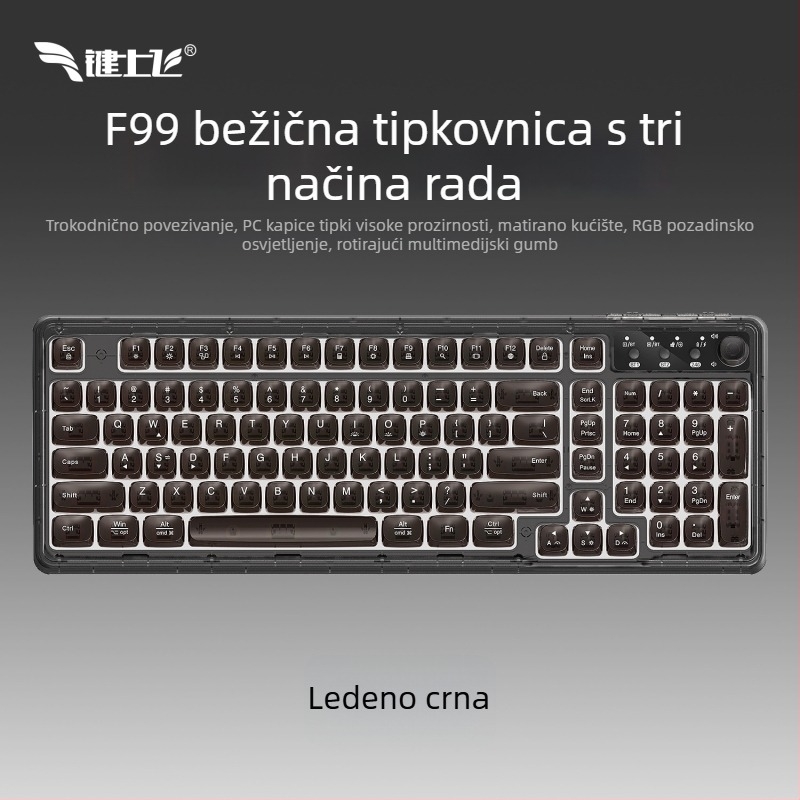 Bežična Bluetooth tipkovnica s RGB pozadinskim osvjetljenjem, tri načina napajanja, 88–98 tipki, sferične prozirne boje tipki za igranje, ured i tablet