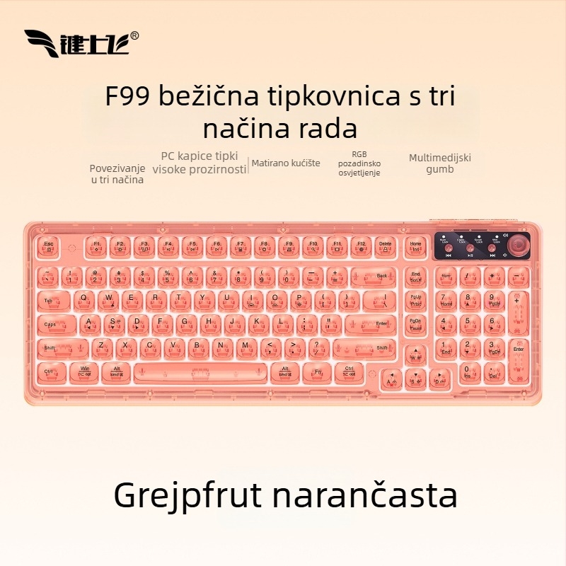 Bežična Bluetooth tipkovnica s RGB pozadinskim osvjetljenjem, tri načina napajanja, 88–98 tipki, sferične prozirne boje tipki za igranje, ured i tablet