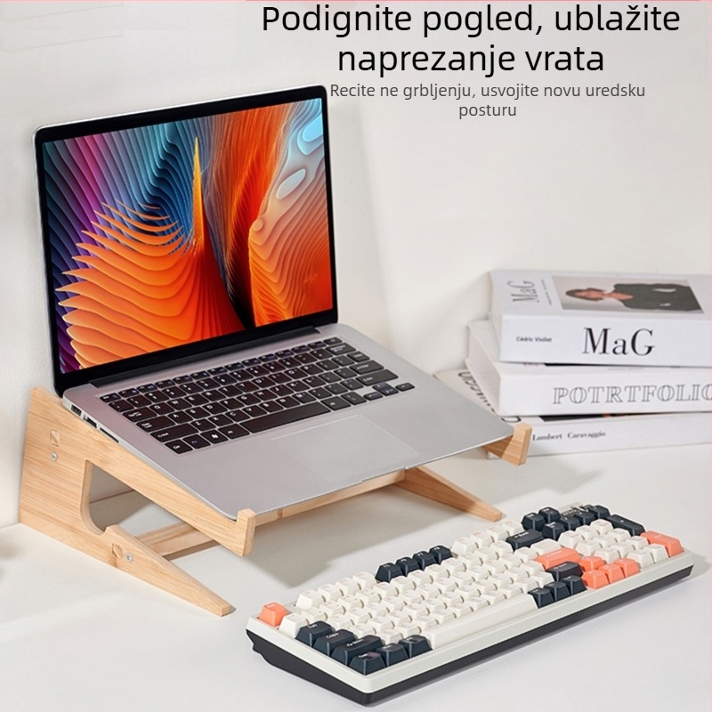 Drveni stalak za laptop s podesivom visinom, vertikalnim hlađenjem, podignutim stolnim spremištem za pohranu i podrškom za vrat