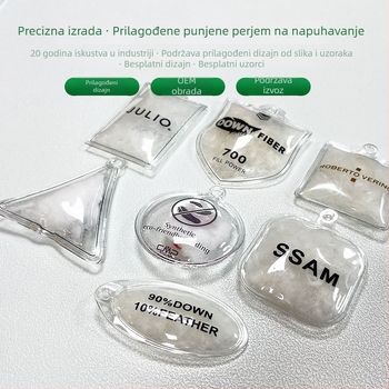 Prilagođena svilenkasta napuhiva naljepnica s logom, prozirna bijela patka perje, PVC vrećica za punjenje
