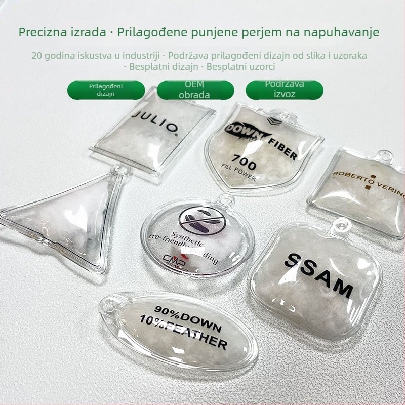 Prilagođena svilenkasta napuhiva naljepnica s logom, prozirna bijela patka perje, PVC vrećica za punjenje
