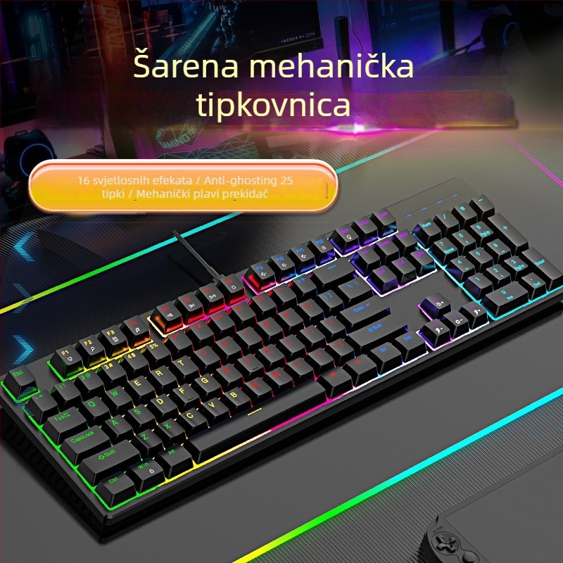 Žičana mehanička tipkovnica s RGB osvjetljenjem, plavi prekidač, 104 tipke, za igre i ured