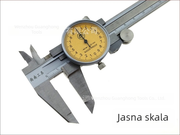 SWT kaliper od nehrđajućeg čelika s dijelom s kazaljkom i žutim okvirom, 0-150/200 mm, rezolucija 0,02 mm