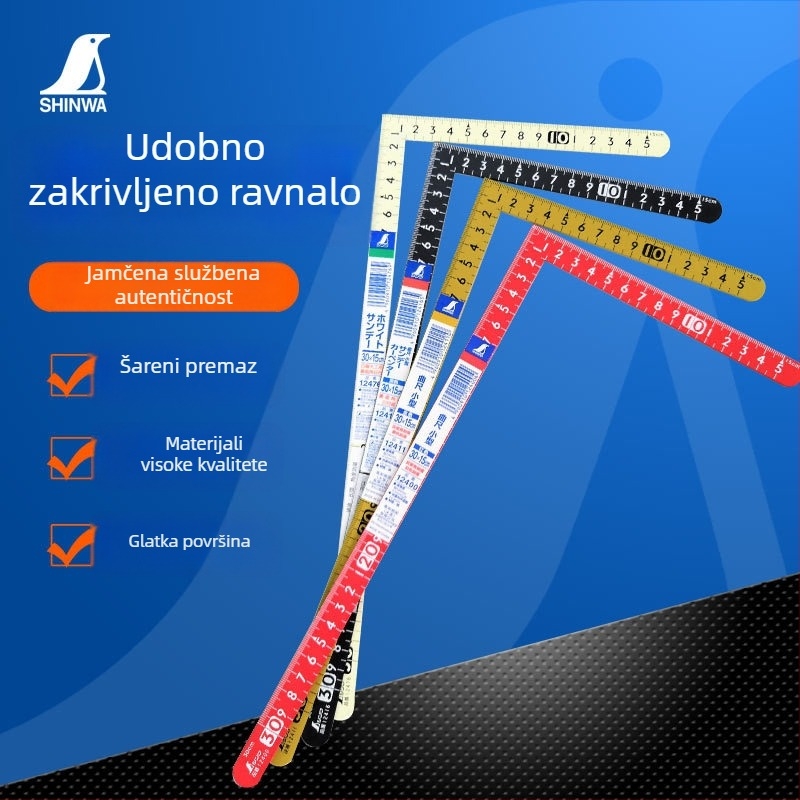 SHINWA Penguin Brand višenamjenski mjerni alat za uglove: pravokutno pravilo, zakrivljeno i prilagodljivo mjerno pravilo, 30×15 cm, materijal željezo/nehrđajući čelik, model 12400, boja