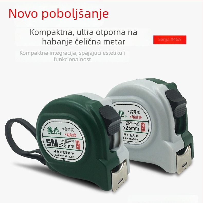 Xindi 46A serija čelične mjernog traka, 5 m visoke preciznosti, uz 3 m čeličnu pravokutnicu i 7,6 m kutijsku mjernicu za stolariju
